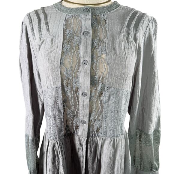 POL Cotton Lace Button Front Tunic Top Gray | Peasant Boho Blouse | Small - Picture 5 of 12